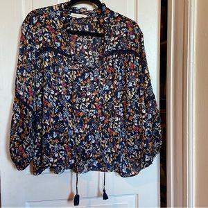 Lovestitch Large L Navy Floral V Neck Blouse Top Swing Loose Boho Silky